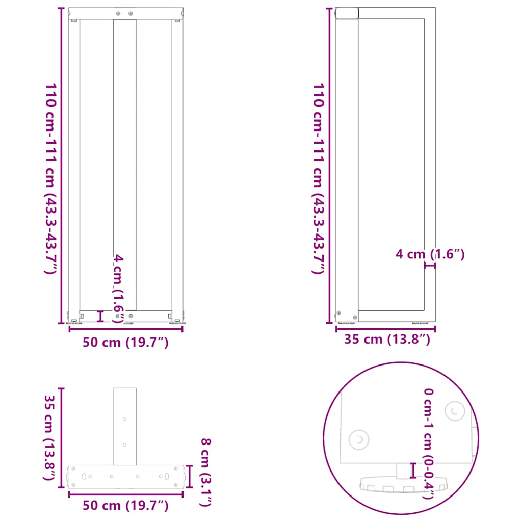 2 db fekete, T-alakú acél bárasztalláb 50x35x(110-111) cm