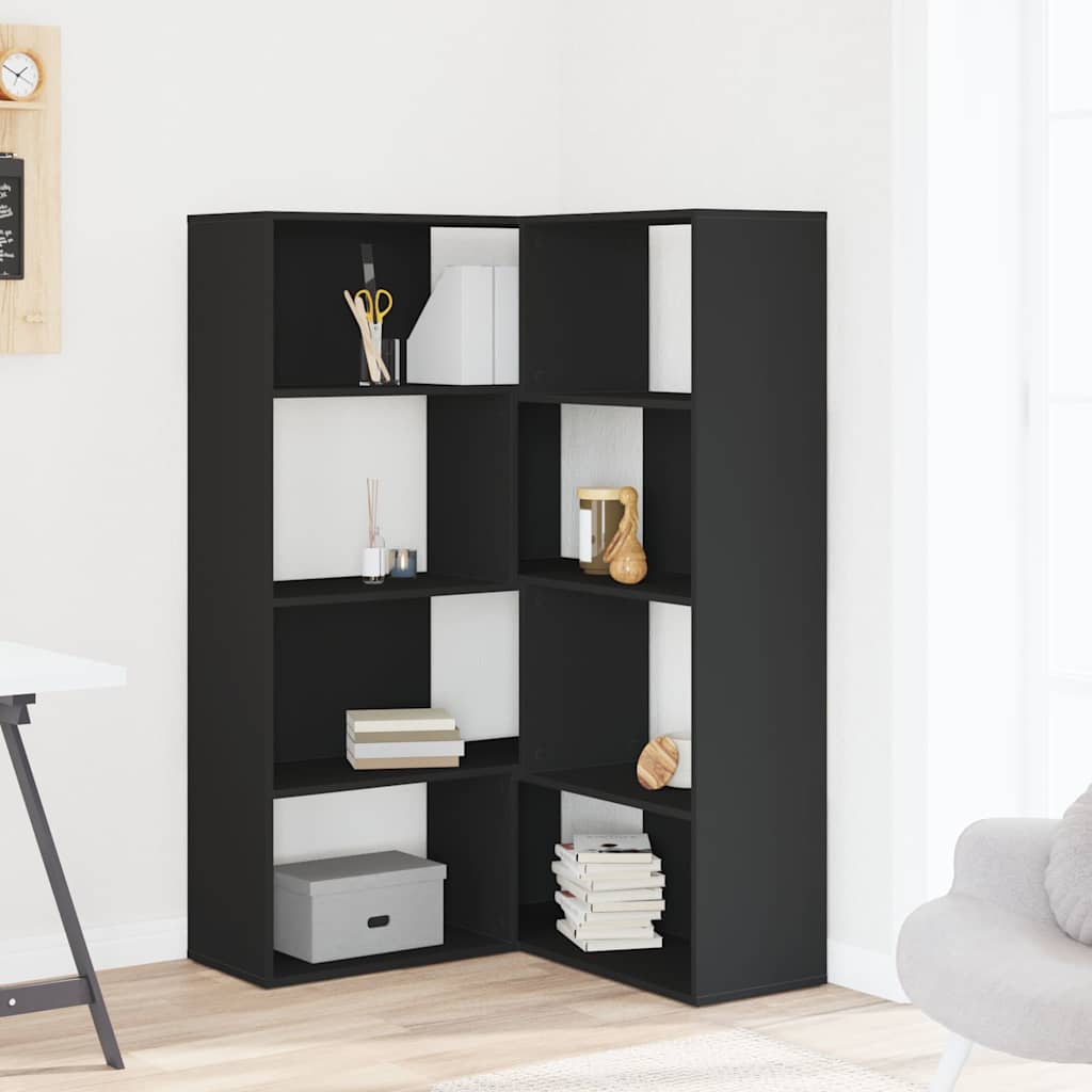 4 szintes fekete szerelt fa sarokkönyvespolc 85 x 85 x 140 cm