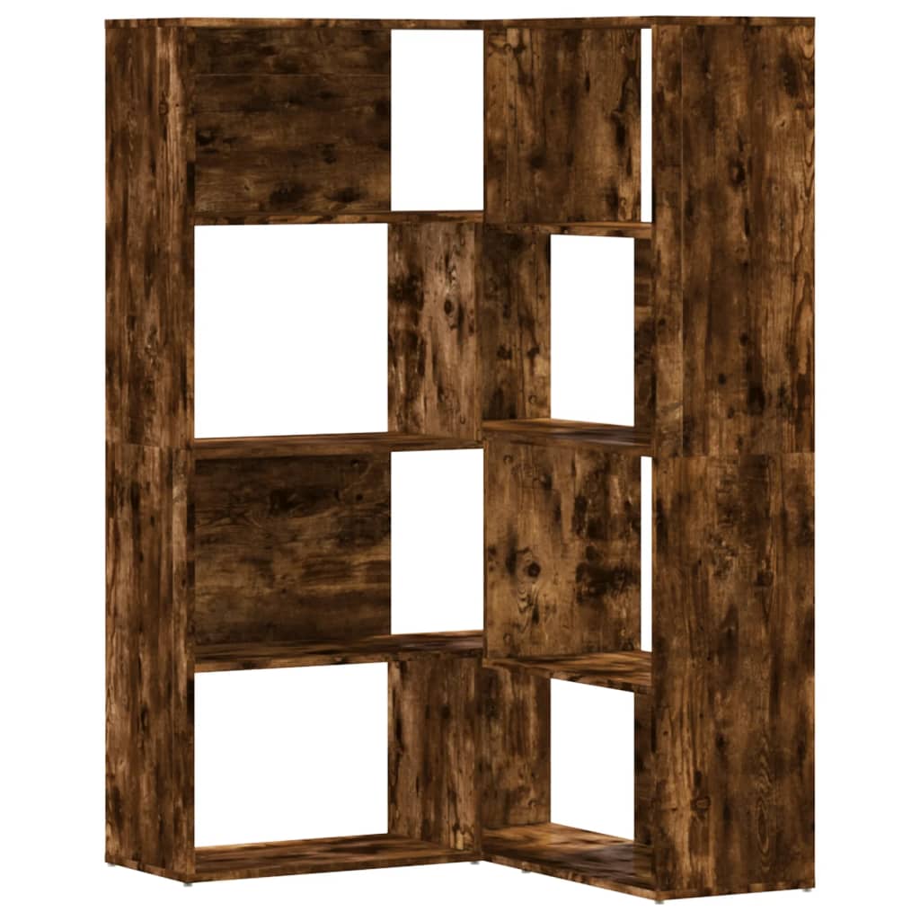 4 szintes füstös tölgy szerelt fa sarokkönyvespolc 85x85x140cm