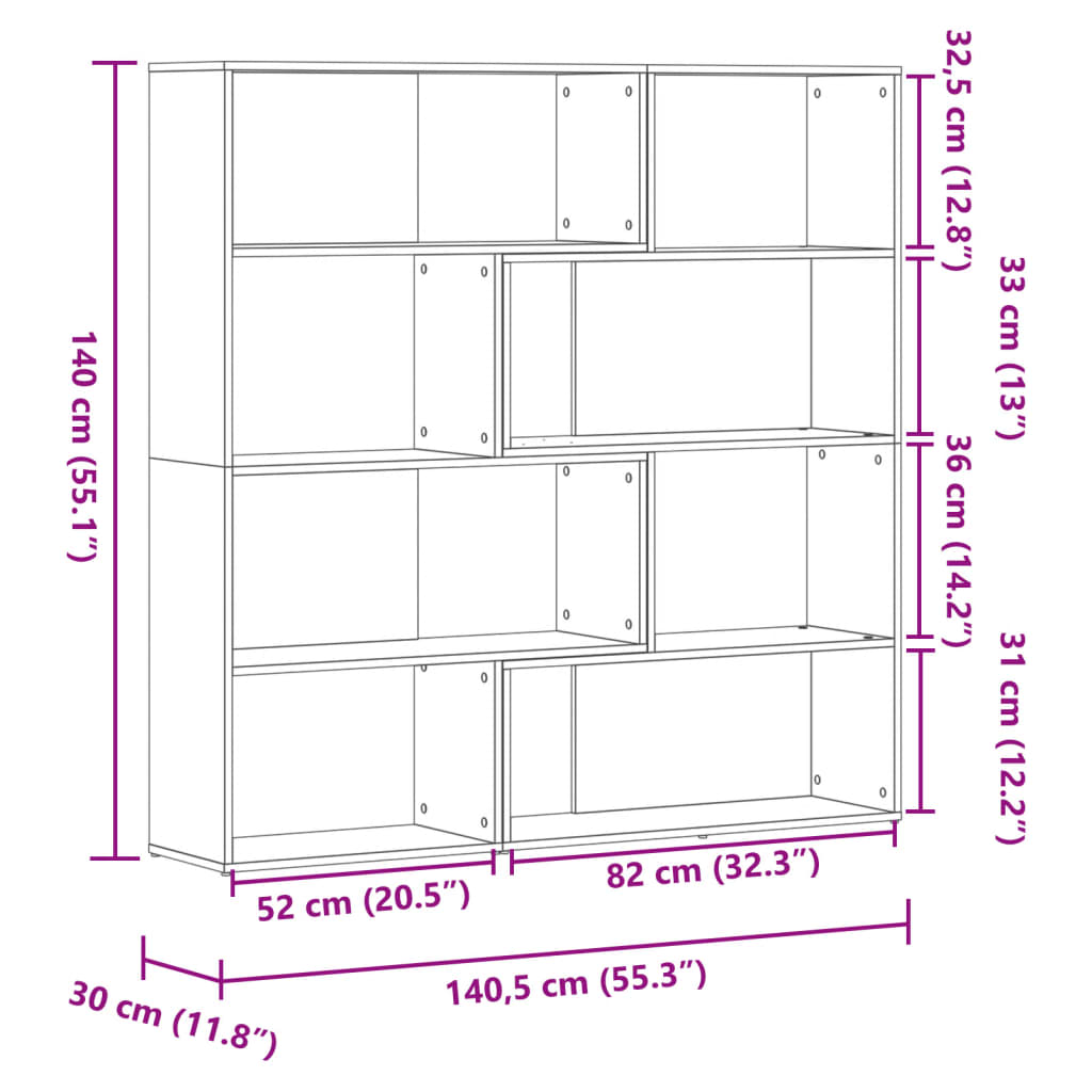 4 szintes füstös tölgy szerelt fa sarokkönyvespolc 85x85x140cm