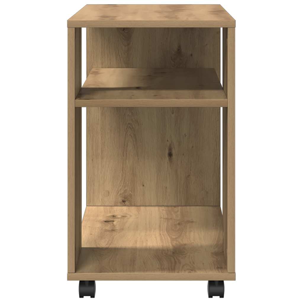 kézműves tölgy színű szerelt fa görgős kisasztal 70x35x60 cm