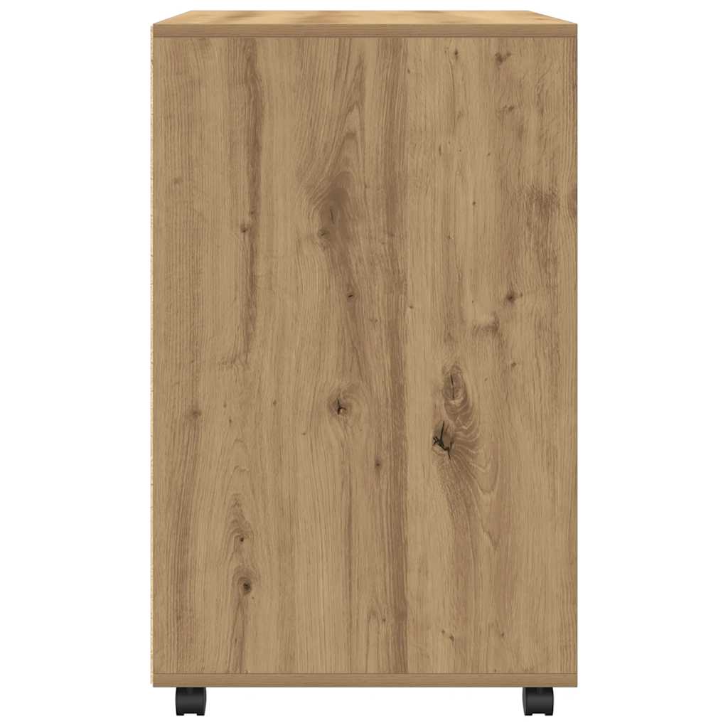 kézműves tölgy színű szerelt fa görgős szekrény 72x33x42,5 cm