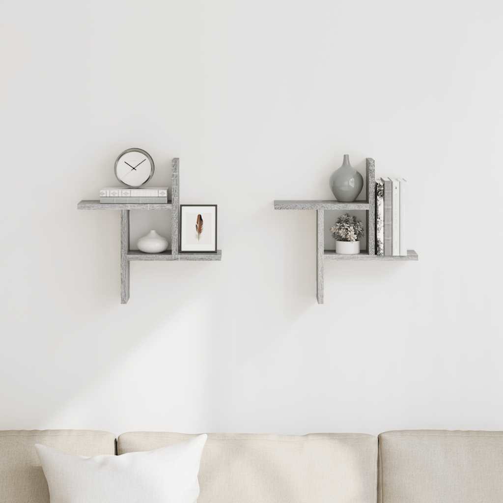 2 db szürke sonoma színű szerelt fa fali polc 38 x 12 x 38 cm