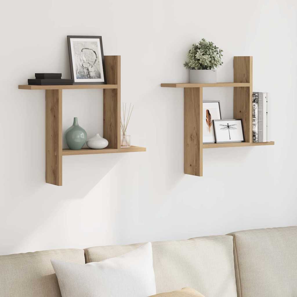 2 db kézműves tölgy színű szerelt fa fali polc 50 x 12 x 50 cm