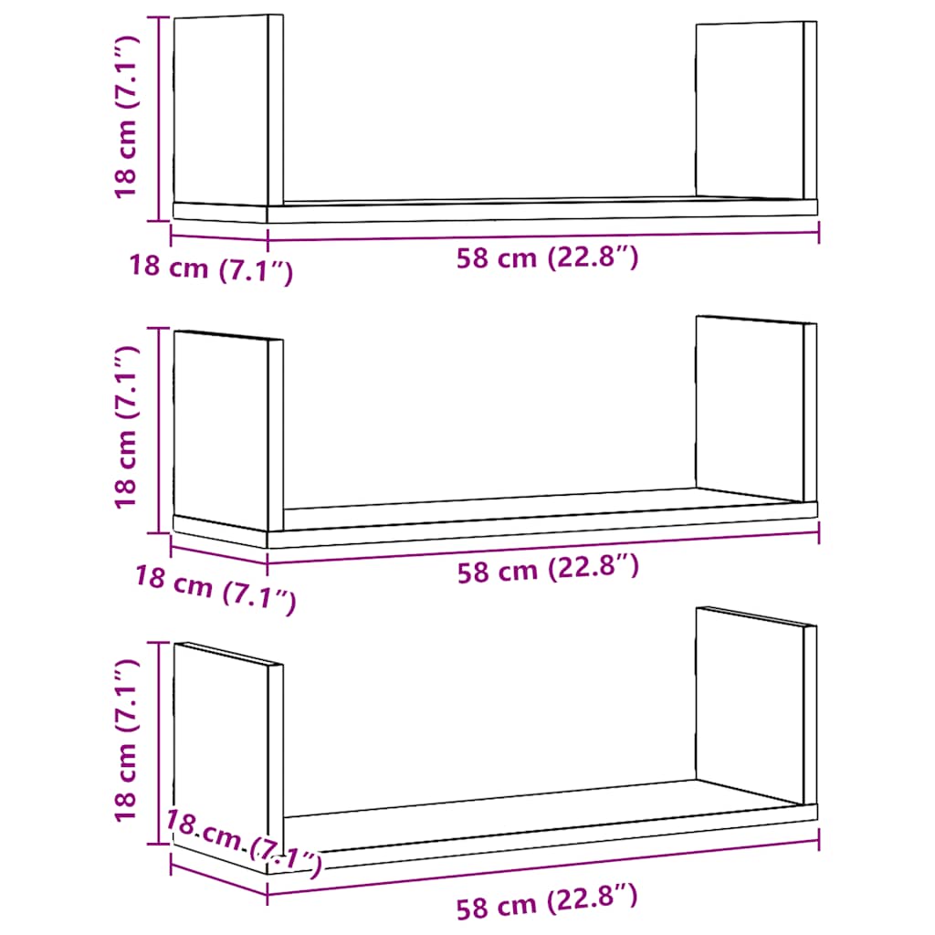 3 db kézműves tölgy színű szerelt fa fali polc 58 x 18 x 18 cm