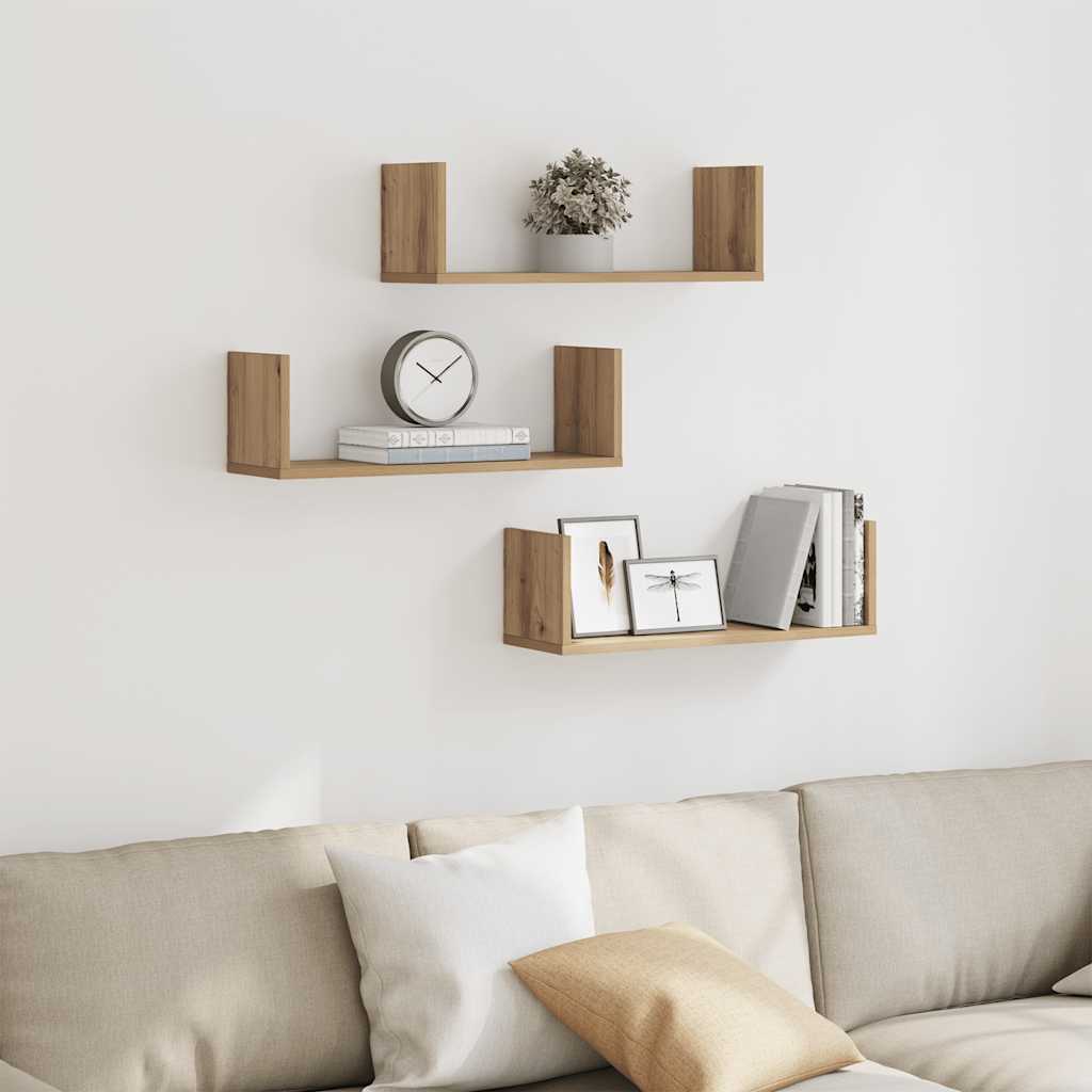 3 db kézműves tölgy színű szerelt fa fali polc 58 x 18 x 18 cm