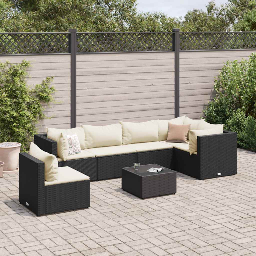 7 részes fekete polyrattan kerti ülőgarnitúra párnákkal