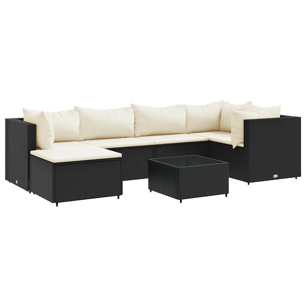 7 részes fekete polyrattan kerti ülőgarnitúra párnákkal