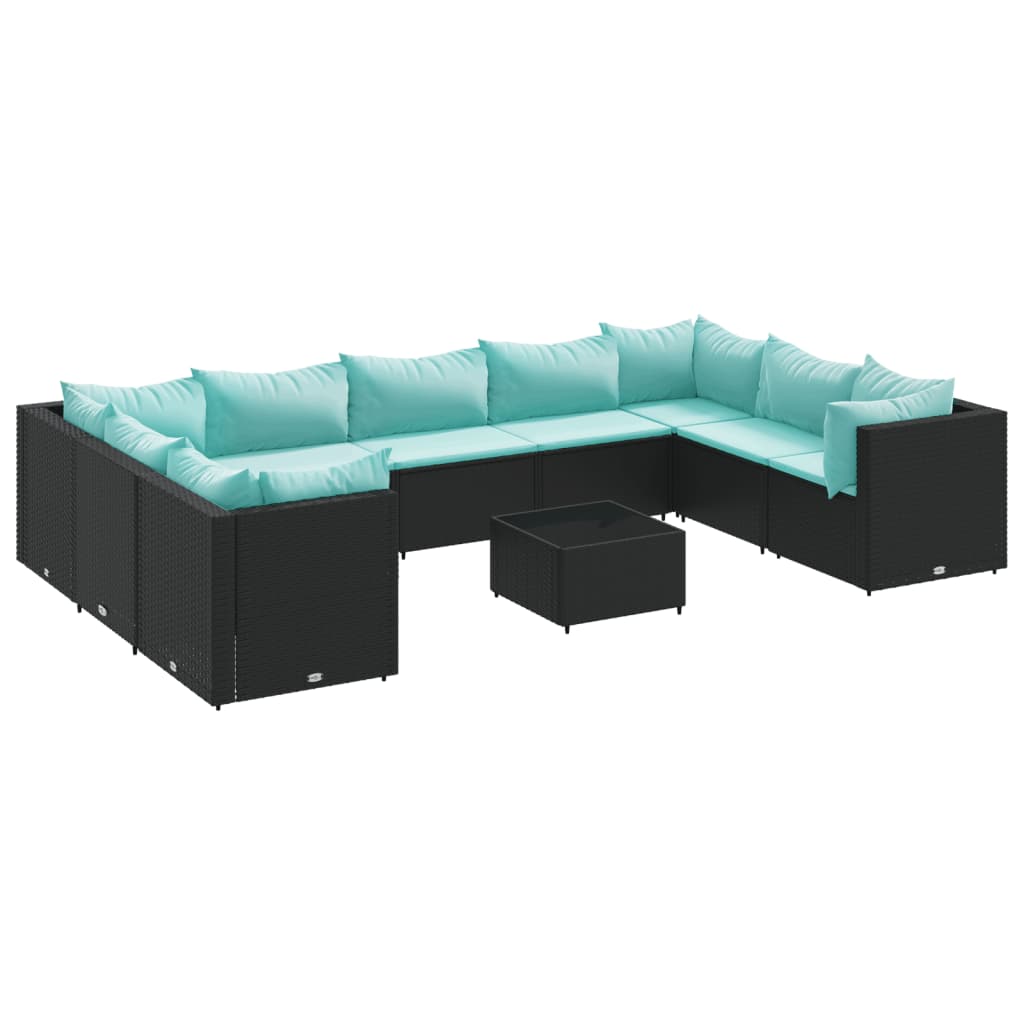 10 részes fekete polyrattan kerti ülőgarnitúra párnákkal
