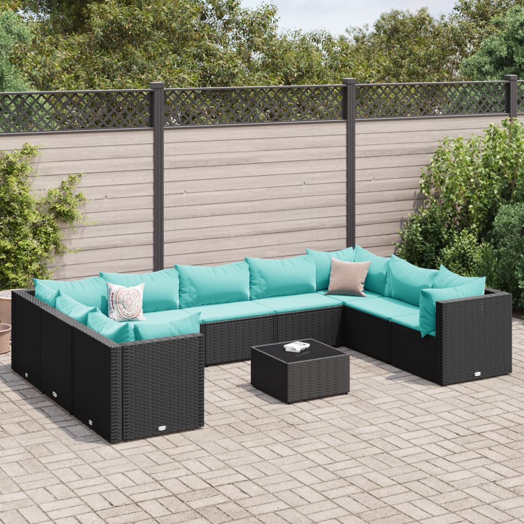 10 részes fekete polyrattan kerti ülőgarnitúra párnákkal