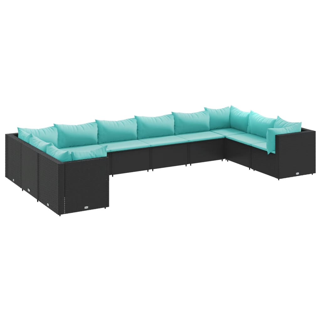 10 részes fekete polyrattan kerti ülőgarnitúra párnákkal