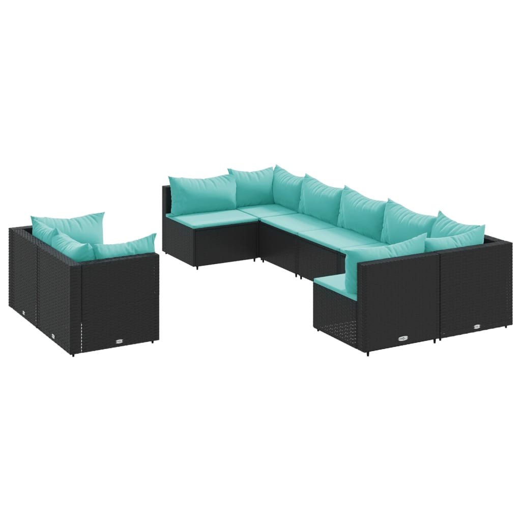 9 részes fekete polyrattan kerti ülőgarnitúra párnákkal