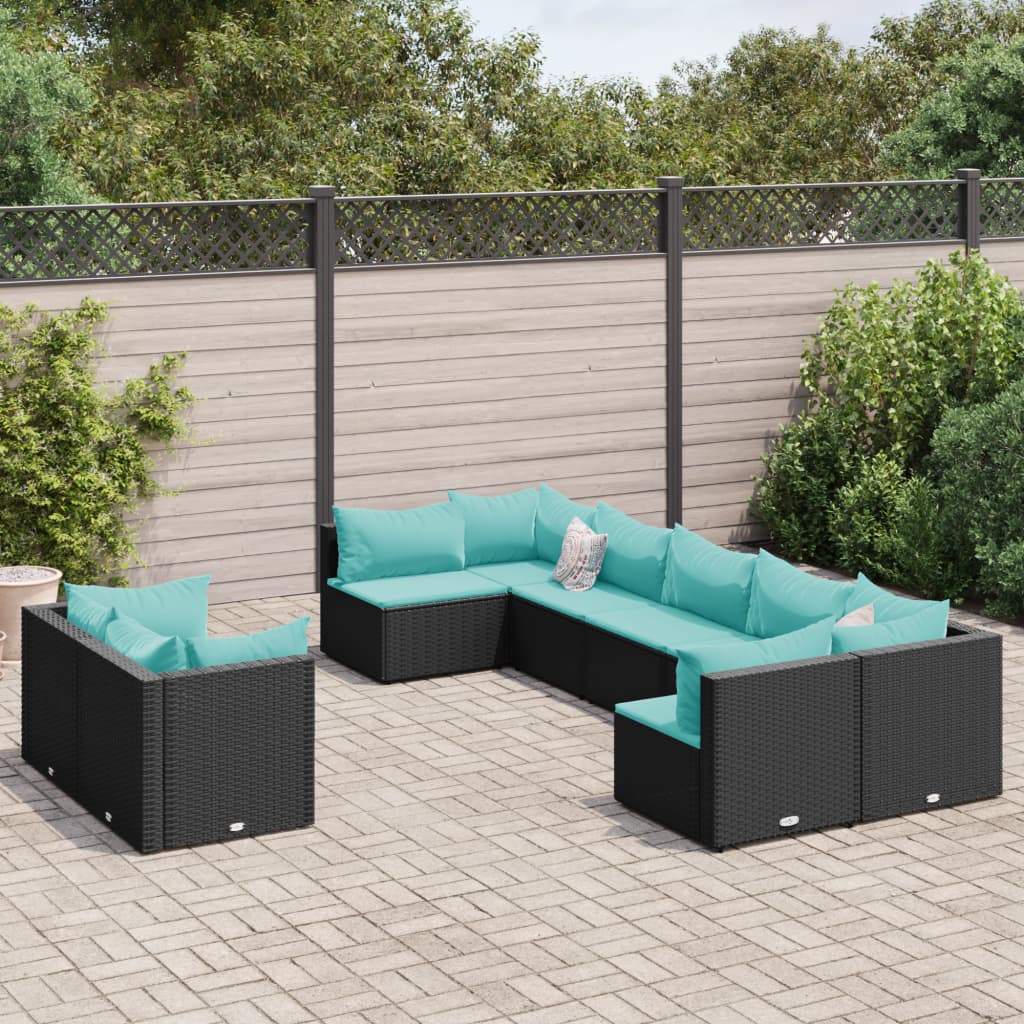 9 részes fekete polyrattan kerti ülőgarnitúra párnákkal