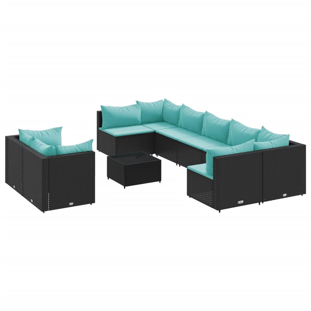 10 részes fekete polyrattan kerti ülőgarnitúra párnákkal
