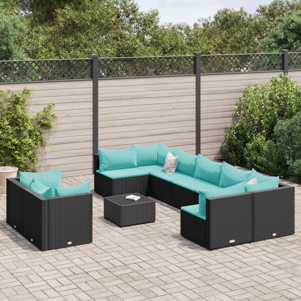 10 részes fekete polyrattan kerti ülőgarnitúra párnákkal