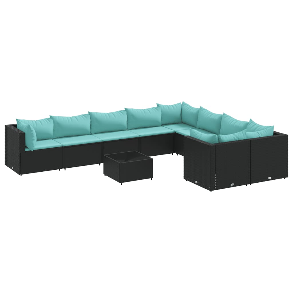 10 részes fekete polyrattan kerti ülőgarnitúra párnákkal
