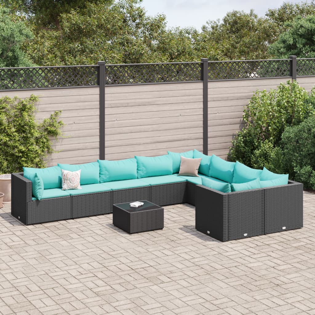 10 részes fekete polyrattan kerti ülőgarnitúra párnákkal