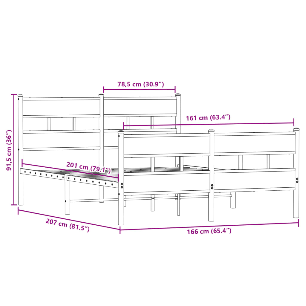 füstös tölgy színű fém ágykeret matrac nélkül 160 x 200 cm
