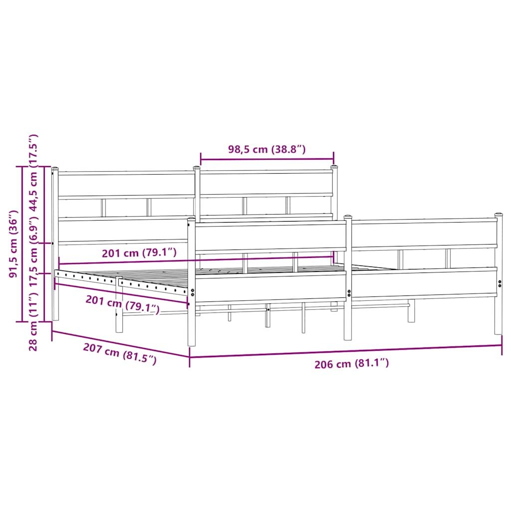 barna tölgy színű fém ágykeret matrac nélkül 200 x 200 cm
