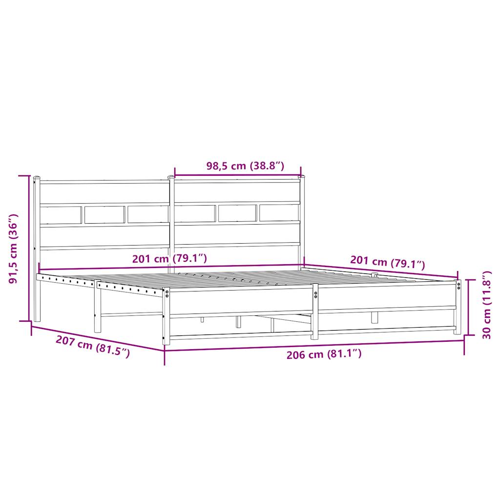 sonoma tölgy színű fém ágykeret matrac nélkül 200 x 200 cm