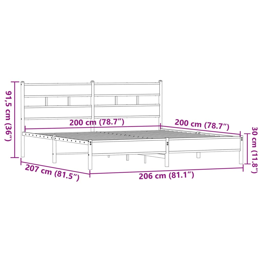 barna tölgy színű fém ágykeret matrac nélkül 200 x 200 cm