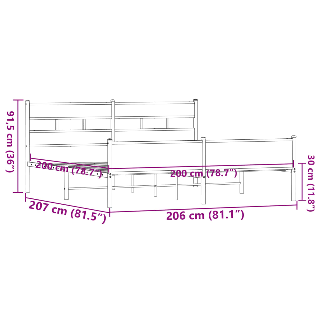 barna tölgy színű fém ágykeret matrac nélkül 200 x 200 cm