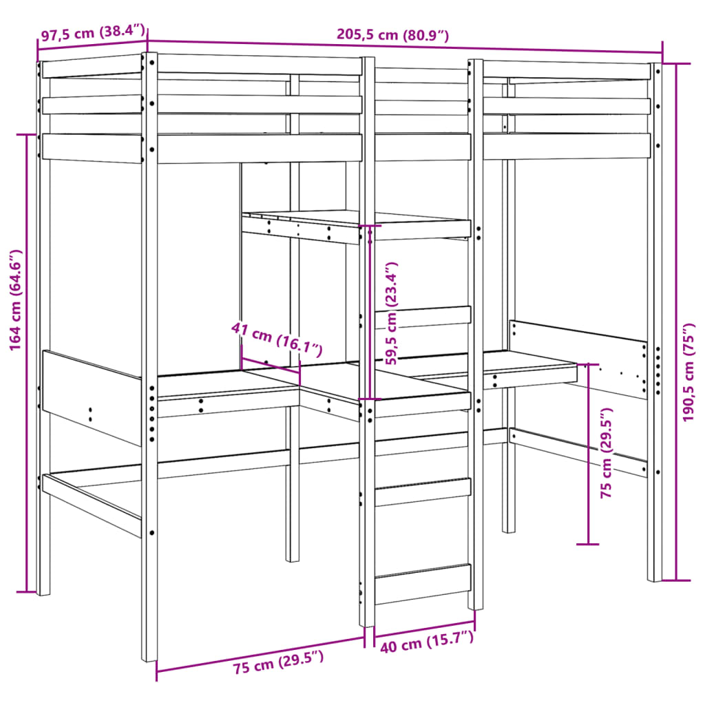 barna fenyő galériaágy-keret asztallal és polcokkal 90 x 200 cm