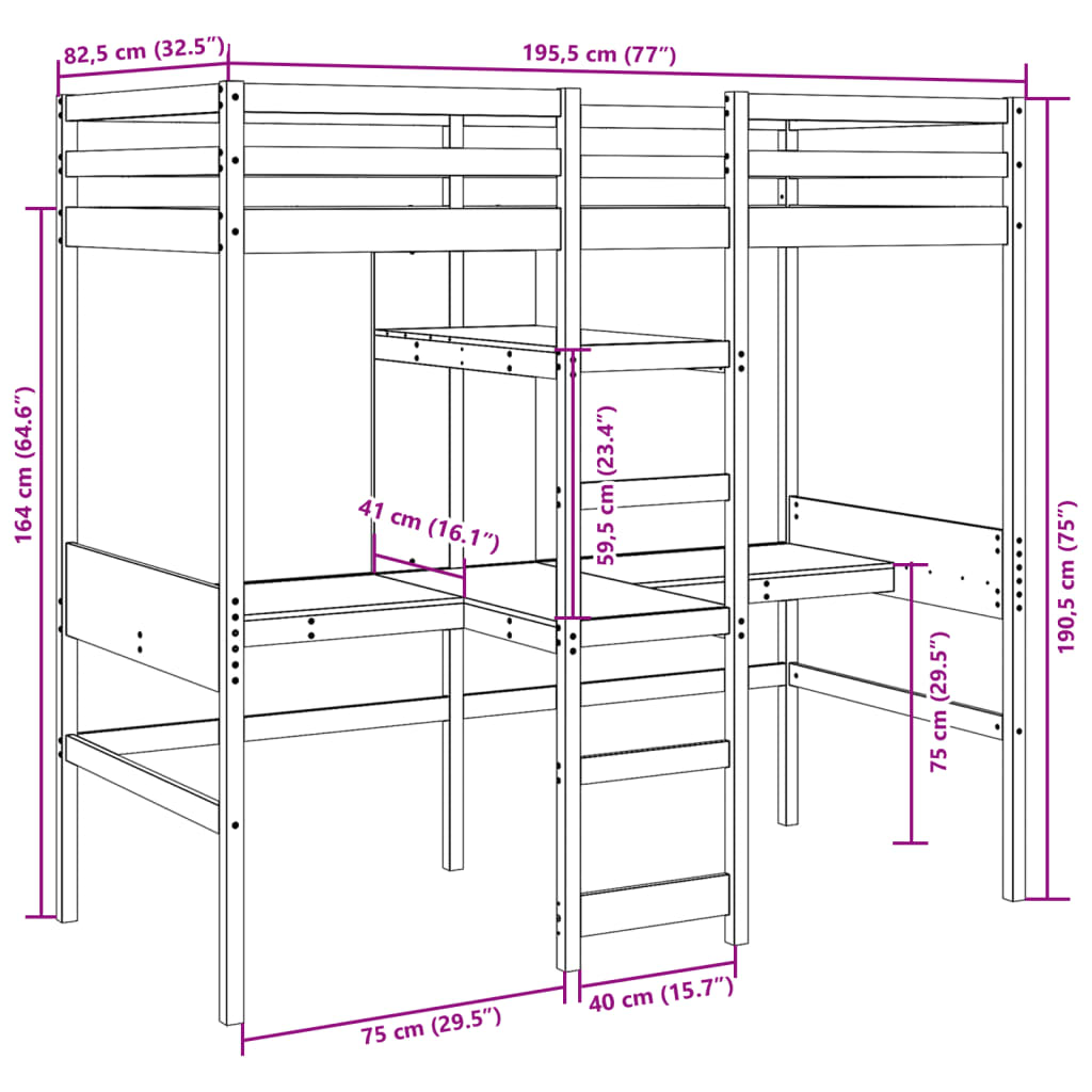 tömör fenyő galériaágy-keret matrac nélkül 75 x 190 cm