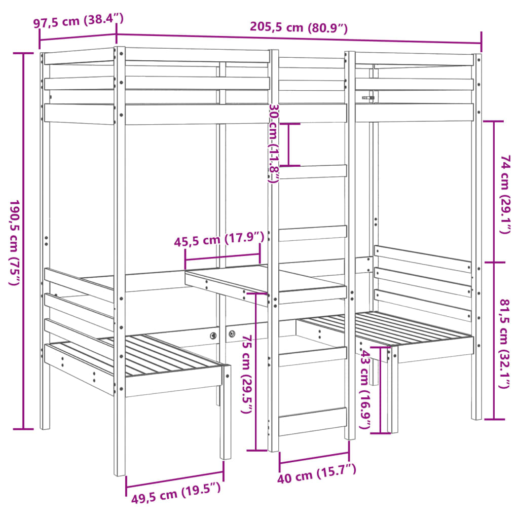 tömör fenyő galériaágy-keret asztallal és székekkel 90 x 200 cm