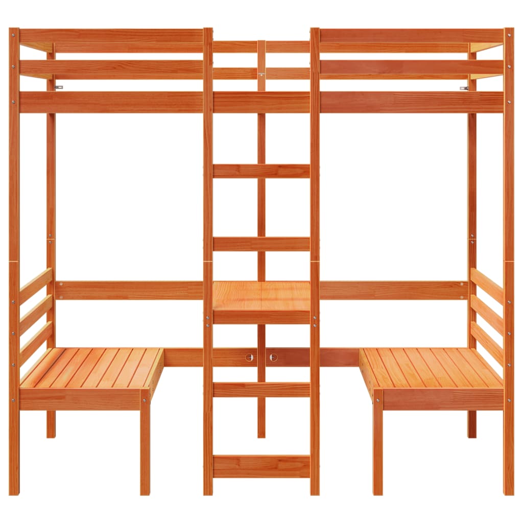barna fenyő galériaágy-keret asztallal és székekkel 90 x 200 cm