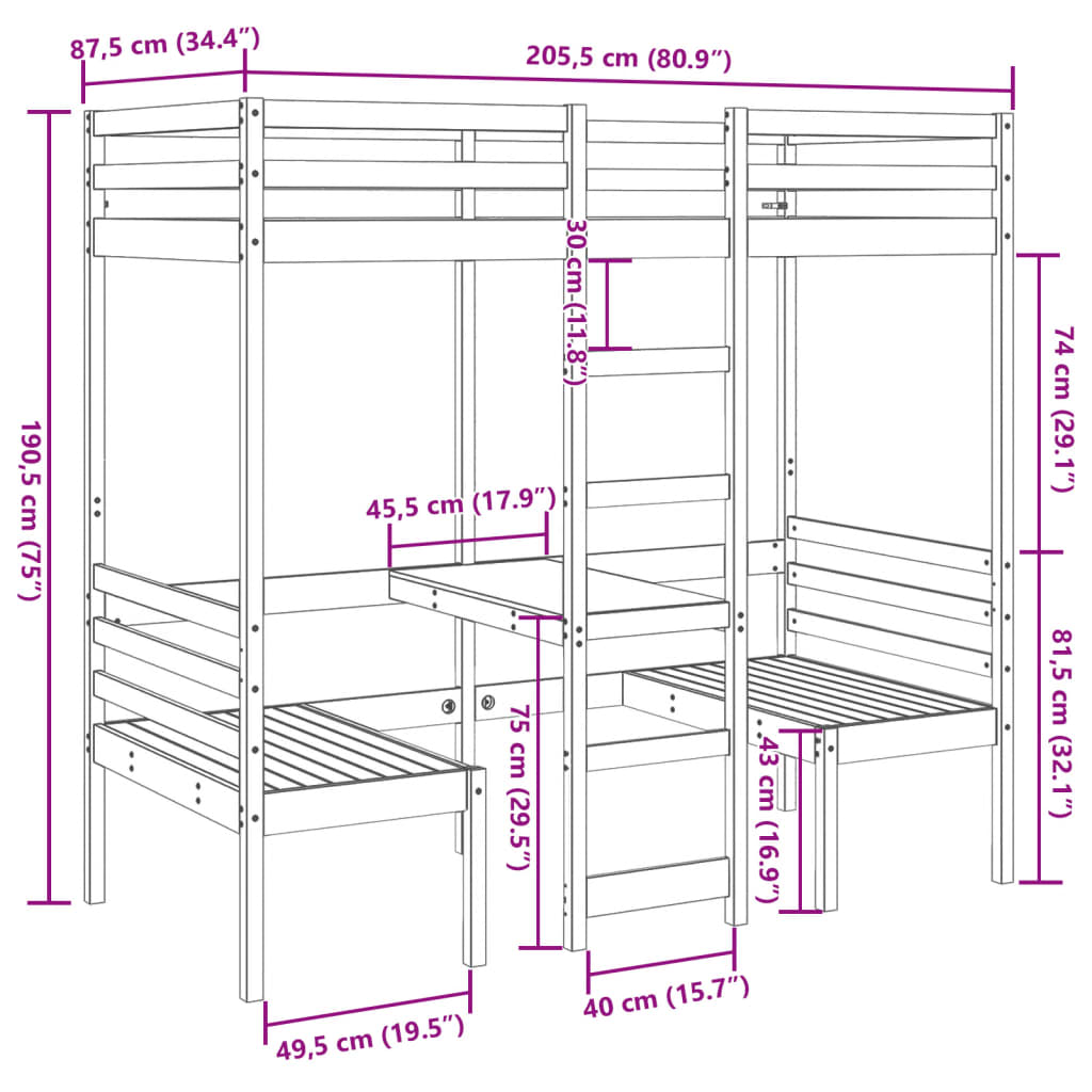 tömör fenyő galériaágy-keret asztallal és székekkel 80 x 200 cm