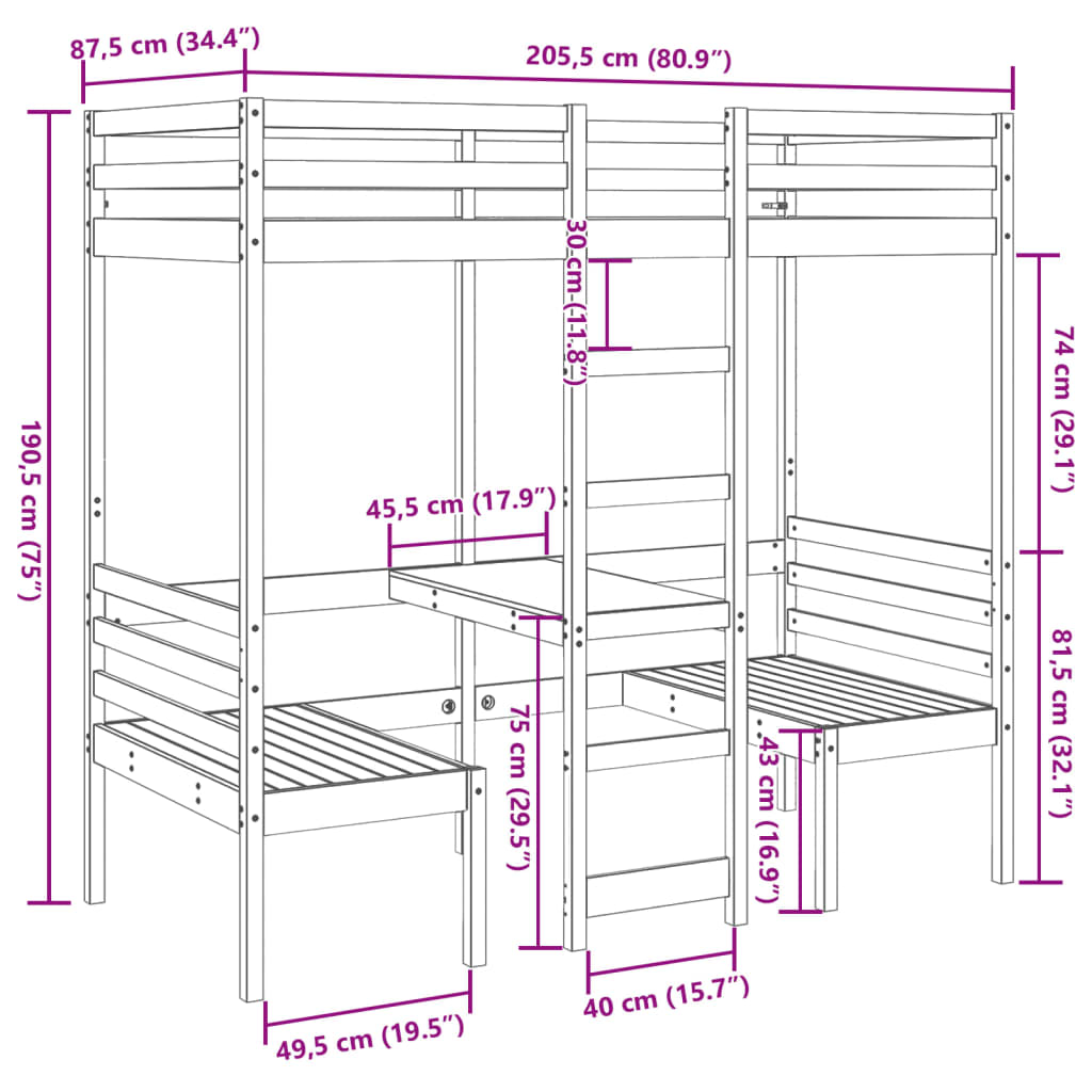fehér fenyő galériaágy-keret asztallal és székekkel 80 x 200 cm
