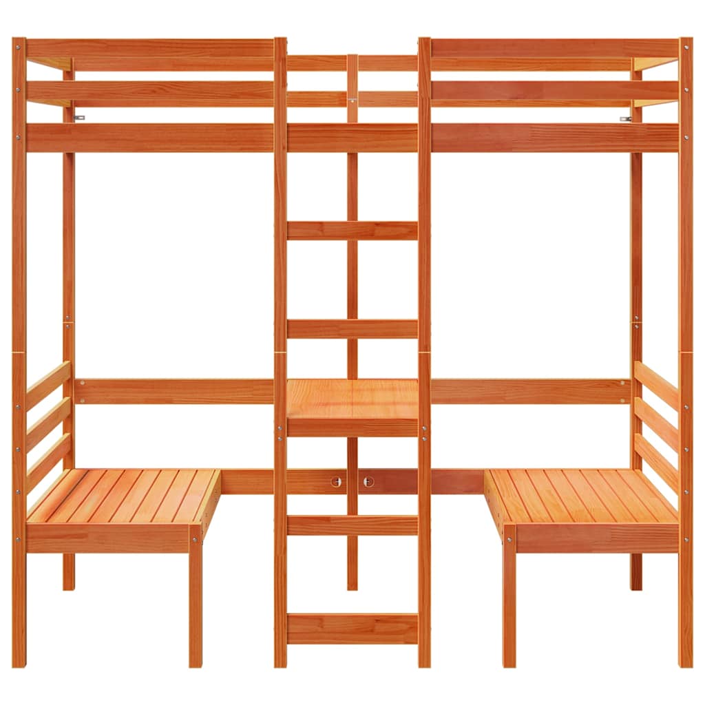 barna fenyő galériaágy-keret asztallal és székekkel 90 x 200 cm