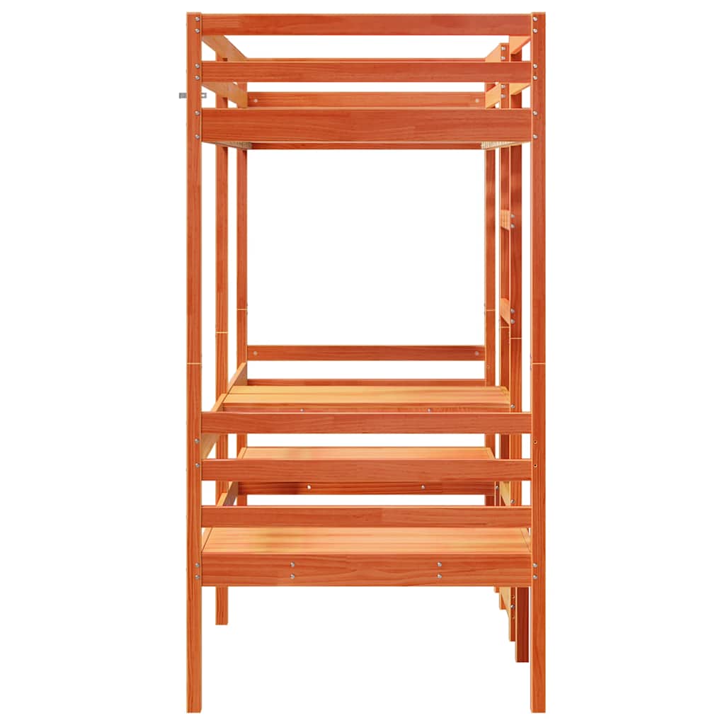 barna fenyő galériaágy-keret asztallal és székekkel 90 x 200 cm