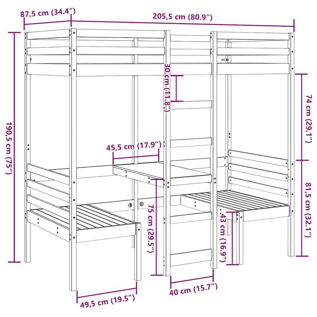 barna fenyő galériaágy-keret asztallal és székekkel 90 x 200 cm