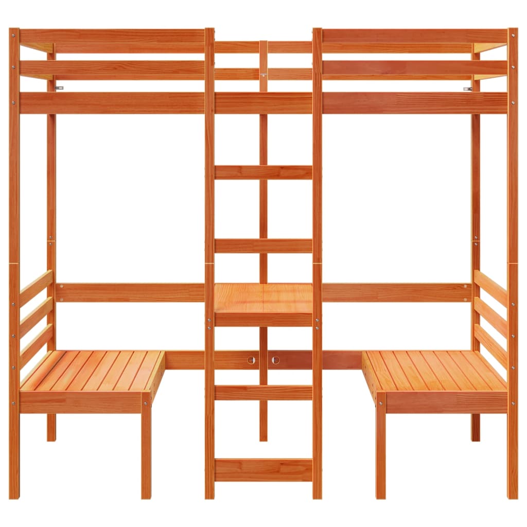 barna fenyő galériaágy-keret asztallal és székekkel 90 x 190 cm