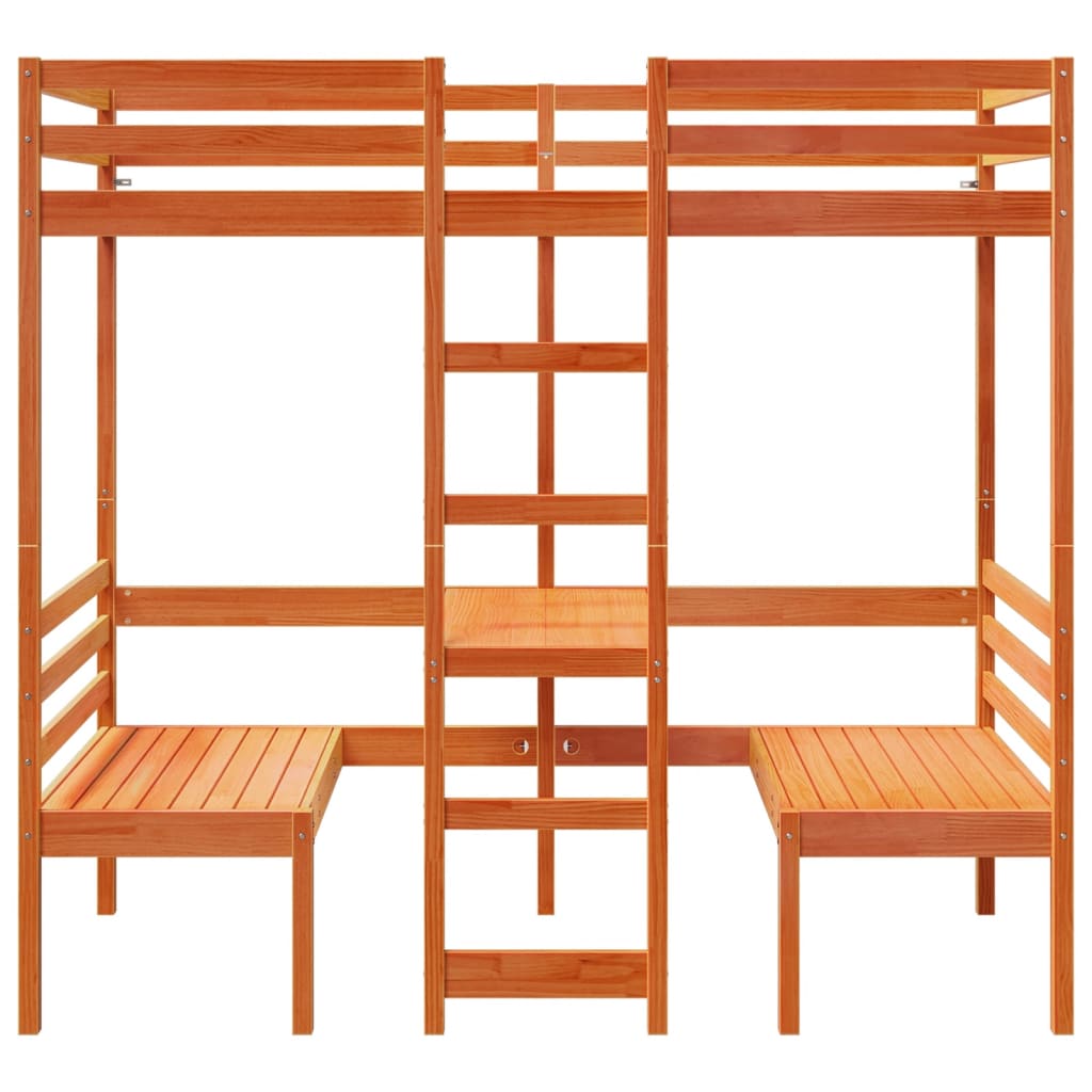 barna fenyő galériaágy-keret asztallal és székekkel 90 x 175 cm