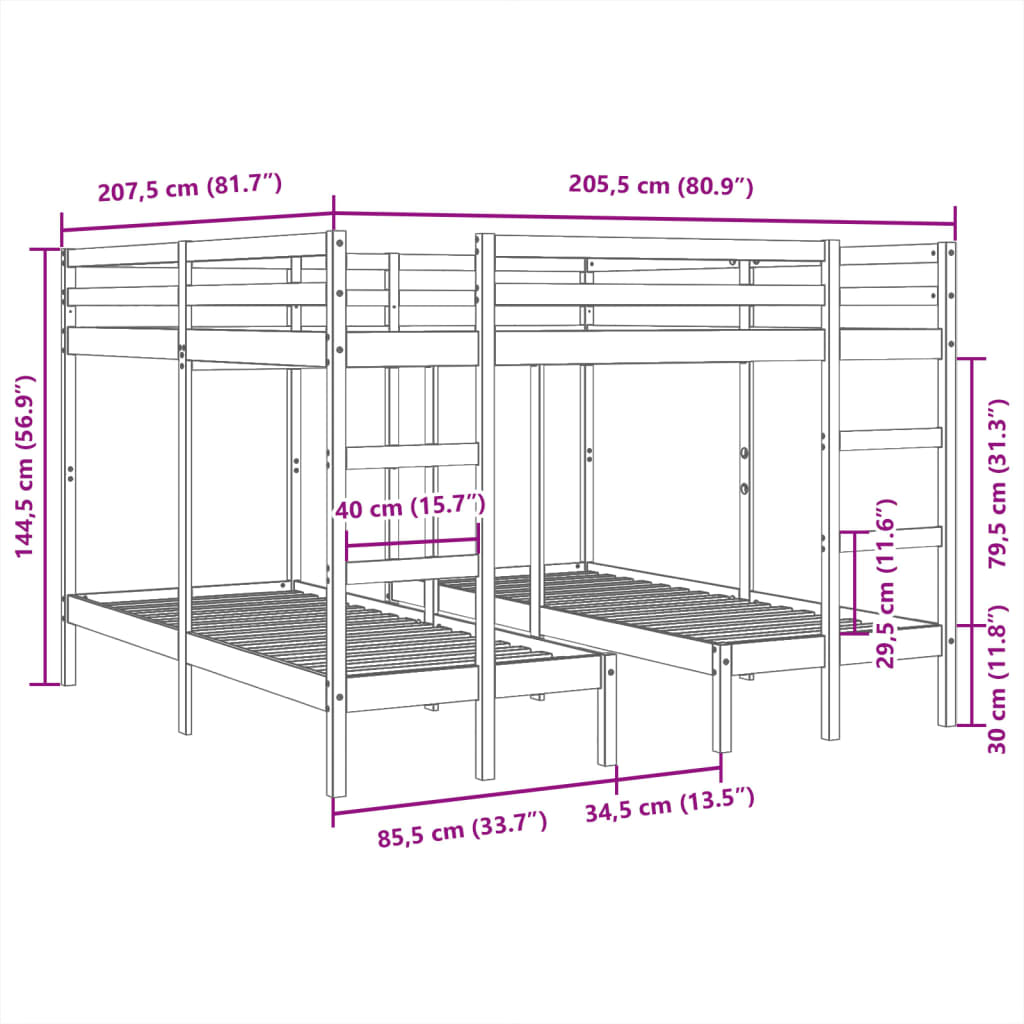 fehér tömör fenyőfa tripla emeletes ágykeret 200x200/80x200 cm