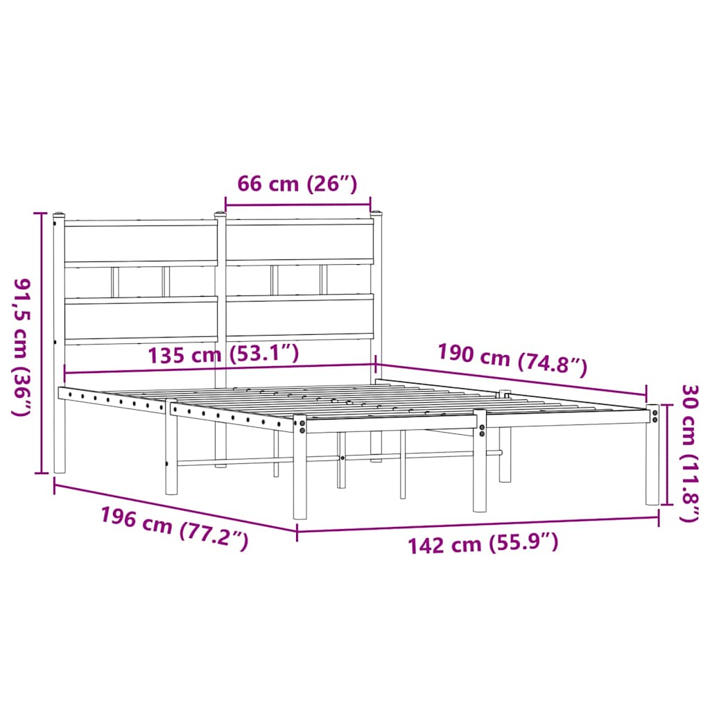 füstös tölgy színű fém ágykeret matrac nélkül 135 x 190 cm