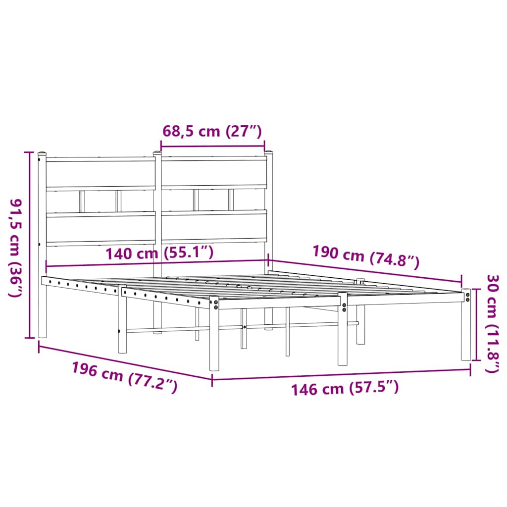 füstös tölgy színű fém ágykeret matrac nélkül 140 x 190 cm