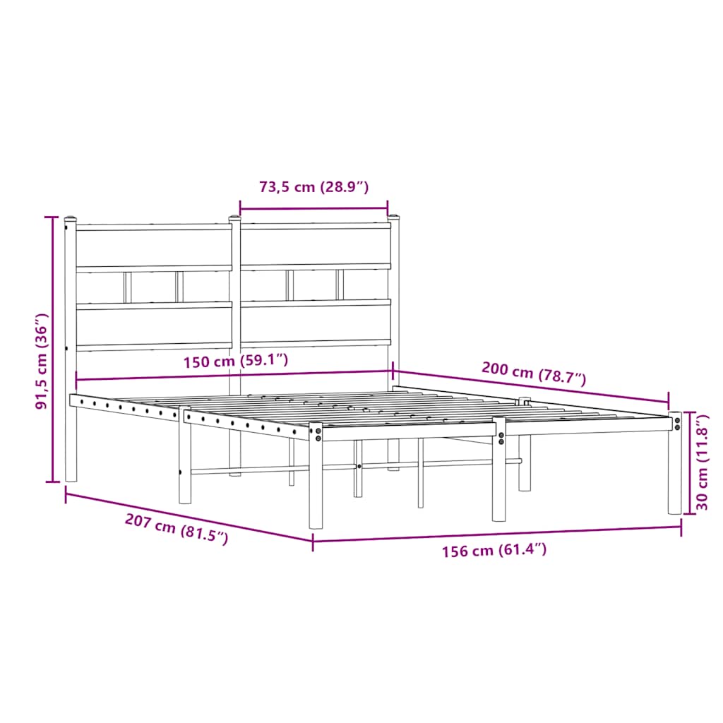 füstös tölgy színű fém ágykeret matrac nélkül 150 x 200 cm