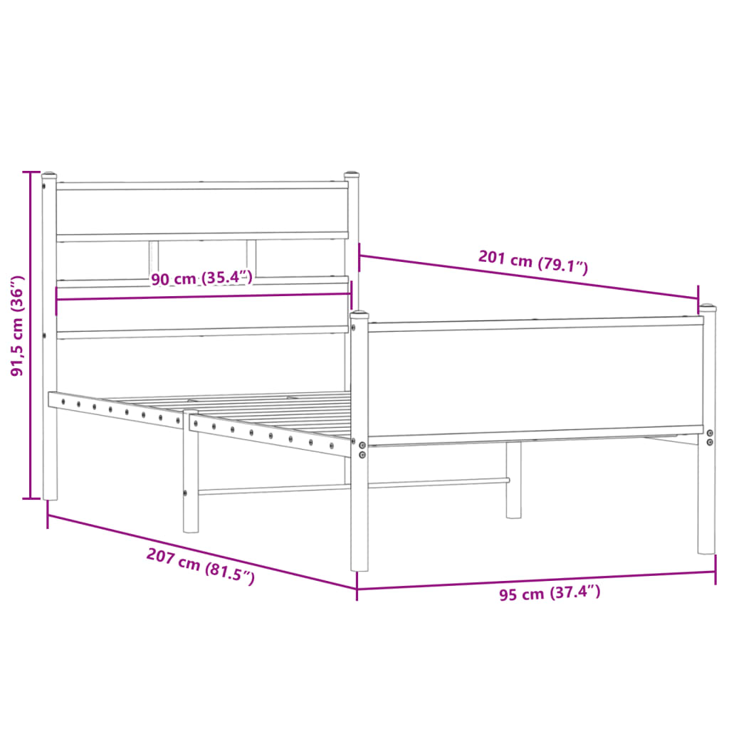 füstös tölgy színű szerelt fa ágykeret matrac nélkül 90x200 cm