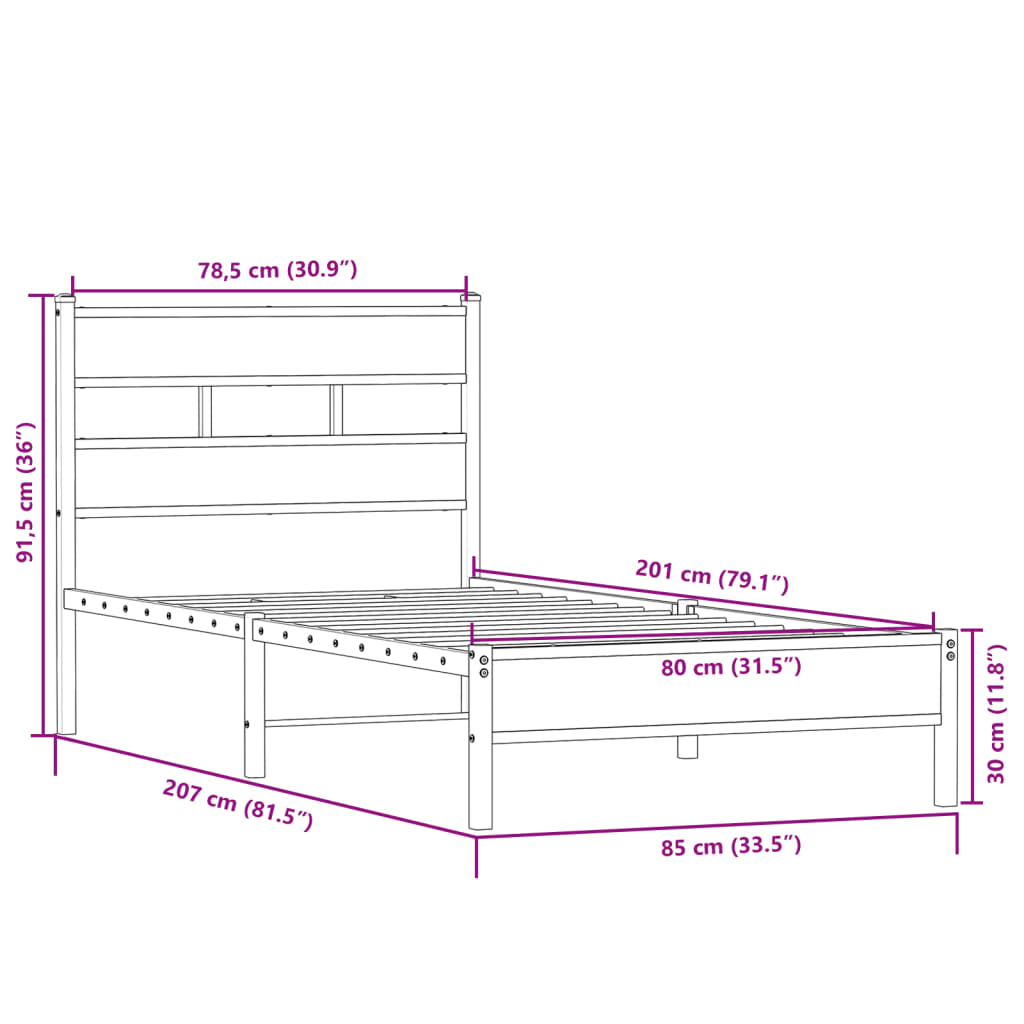 sonoma tölgy színű szerelt fa ágykeret matrac nélkül 80x200 cm