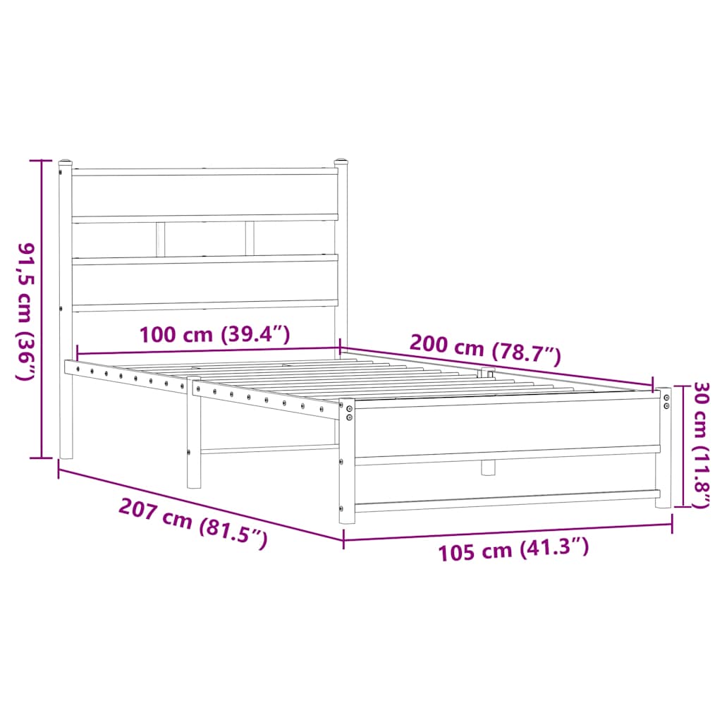 barna tölgy színű fém ágykeret matrac nélkül 100 x 200 cm