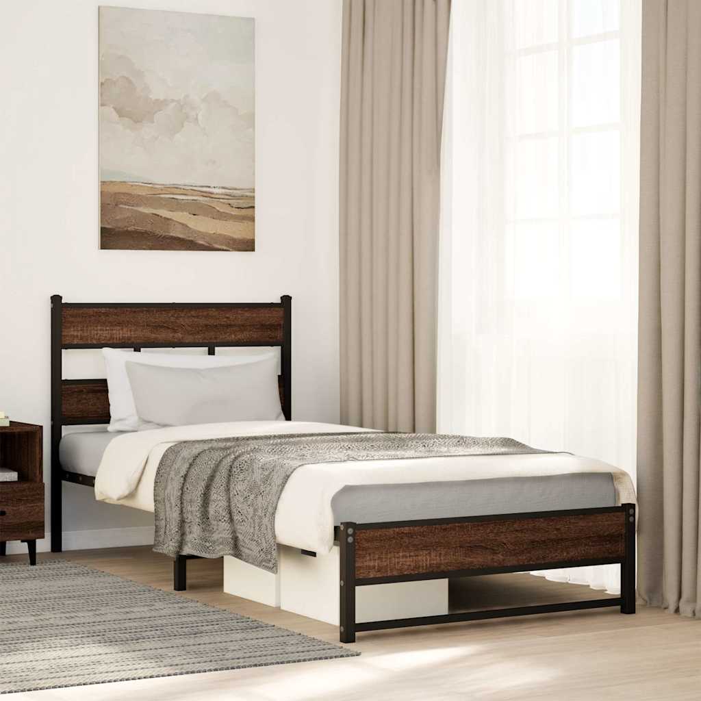 barna tölgy színű fém ágykeret matrac nélkül 107 x 203 cm
