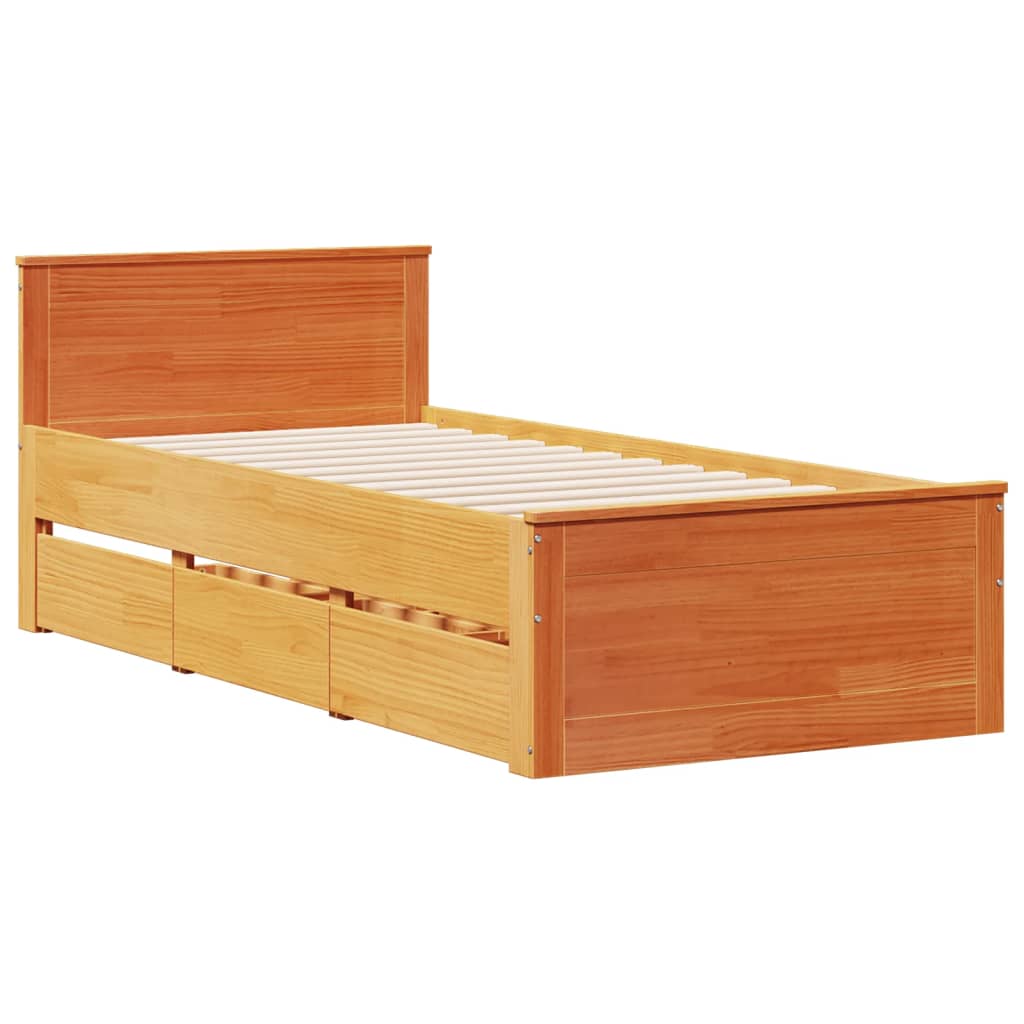 barna tömör fenyőfa ágy matrac nélkül fejtámlával 100 x 200 cm