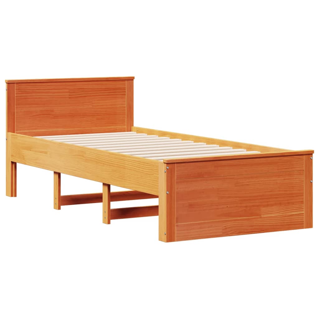 barna tömör fenyőfa ágy matrac nélkül fejtámlával 100 x 200 cm