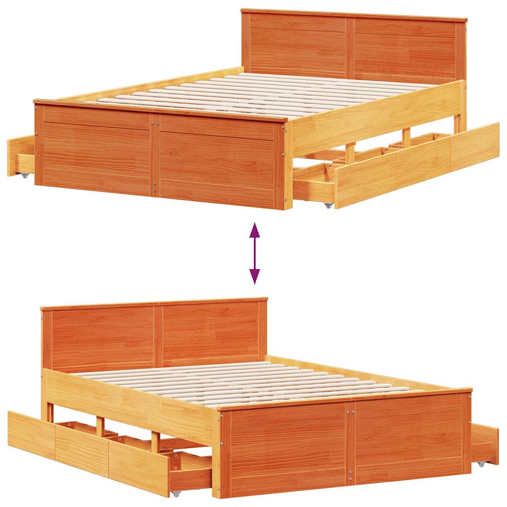 barna tömör fenyőfa fejtámlás ágykeret matrac nélkül 140x190 cm