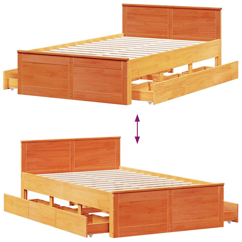 barna tömör fenyőfa fejtámlás ágykeret matrac nélkül 135x190 cm