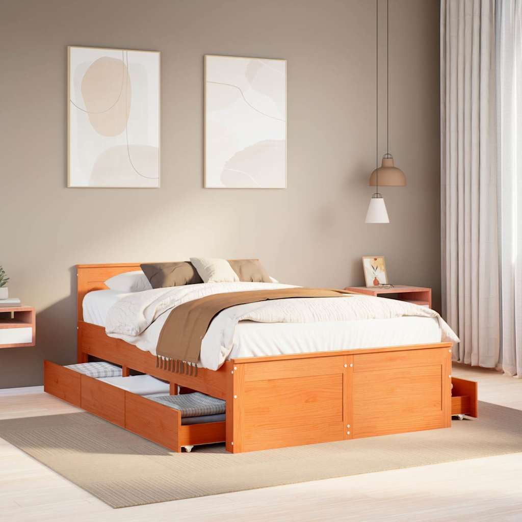 barna tömör fenyőfa fejtámlás ágykeret matrac nélkül 120x190 cm